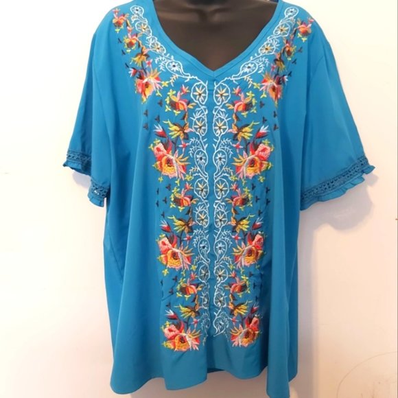 MISSLOOK | Women's Embroidered V-Neck Top Blue Size 4XL - Picture 1 of 8